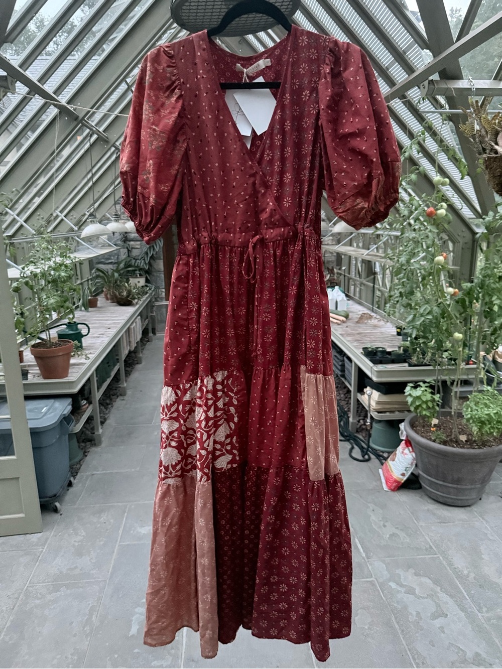 Christy Dawn Burgundy Patchwork Maxi Dress with Puff Sleeves